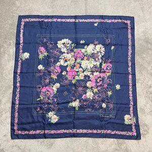 Christian Dior Floral Silk Scarf 30" x 30" Blue Hand Rolled